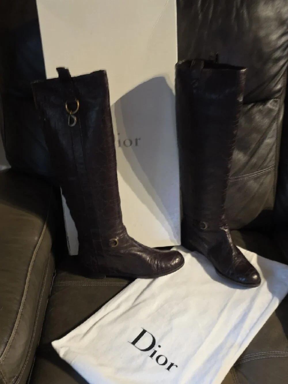 Dior Dark Brown Over-the-Knee Croc-Embossed Leather Boots